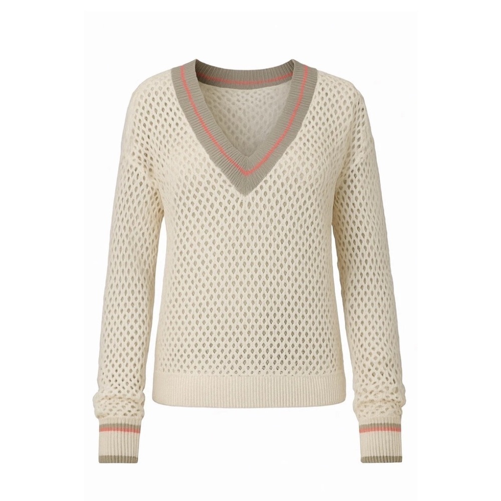 Lisa Todd Knit V-Neck Varsity Pullover Sweater In Cream Beige Size Medium